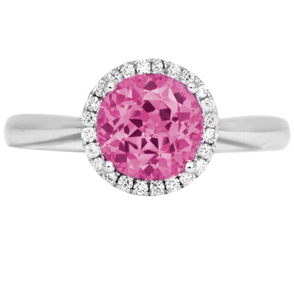 white gold ring with a pink sapphire surrounded by a diamond halo