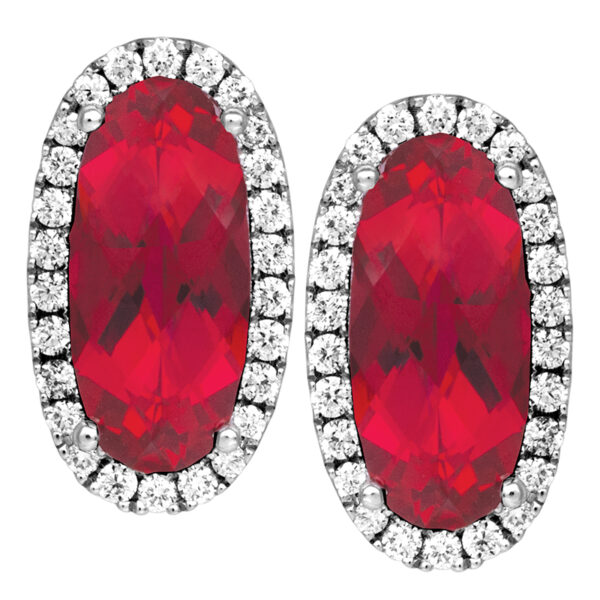 white gold oval ruby and diamond halo earrings on a white background