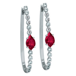 white gold diamonds hoop earrings with two larger rubies