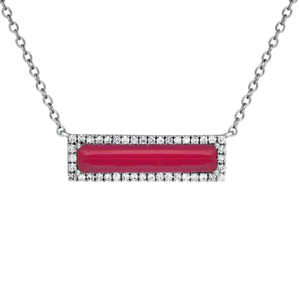 white gold necklace pendant with a baguette ruby and diamond halo