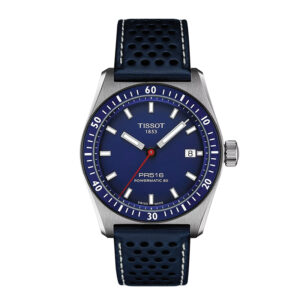 tissot powermatic watch with a stainless steel case, blue dial and bezel, and blue leather strap