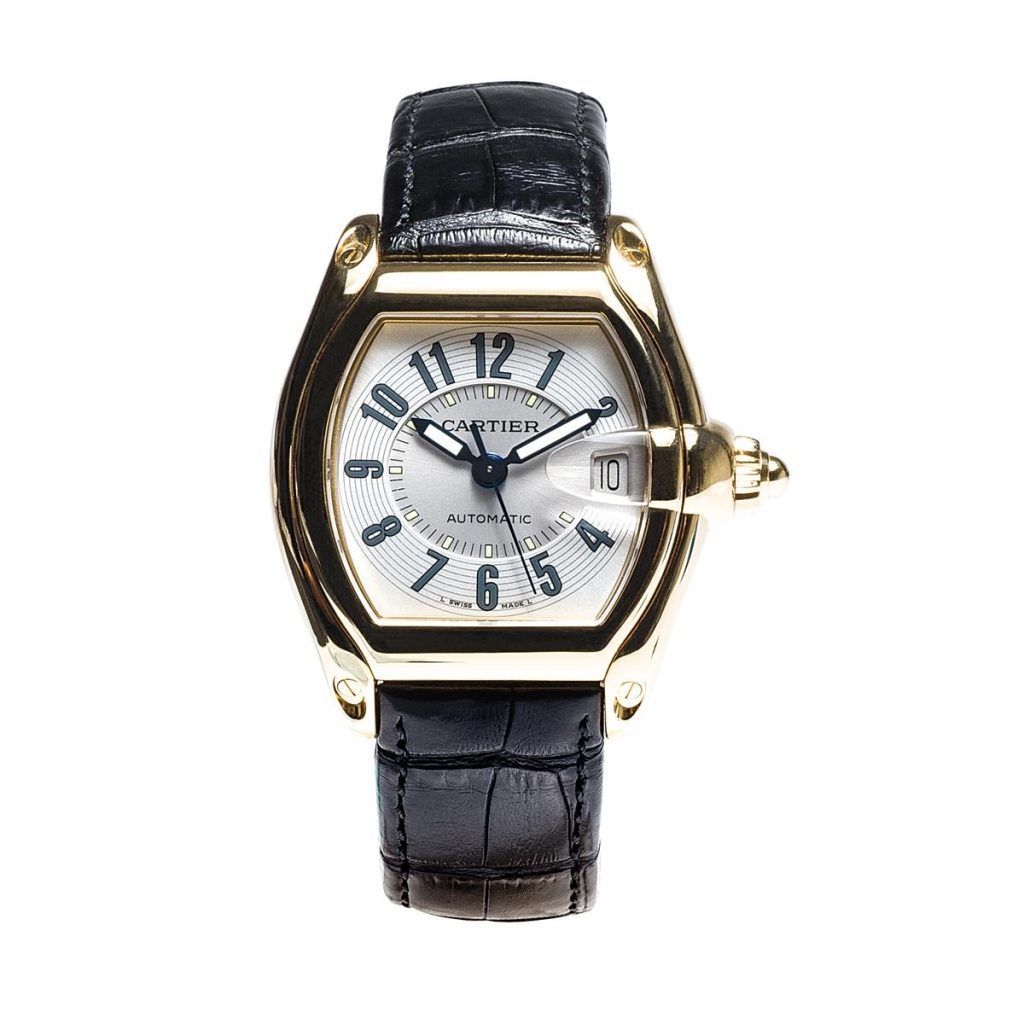 A luxurious Cartier Roadster watch featuring a striking gold dial, showcasing elegance and sophistication in timekeeping.