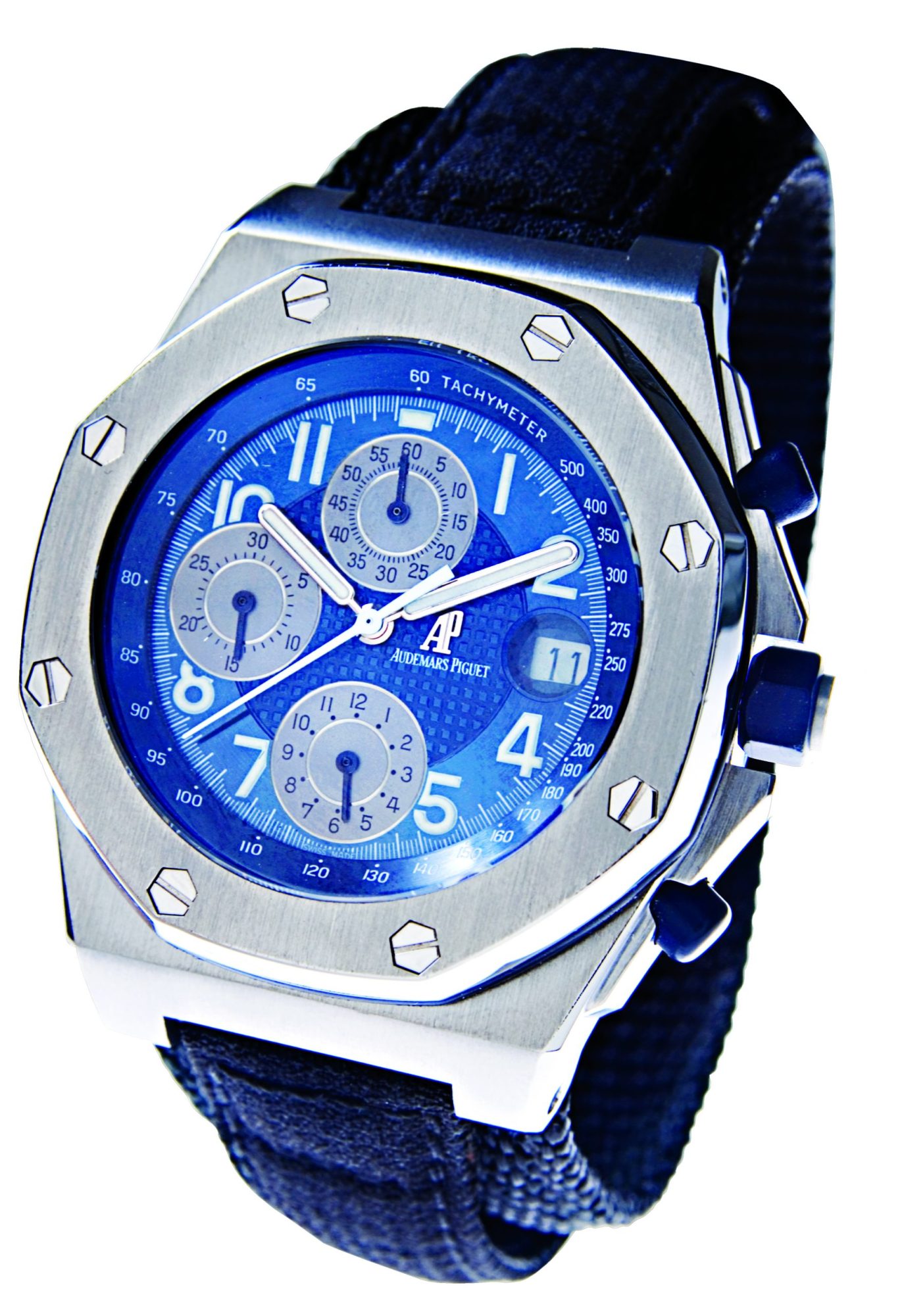 Pre-owned men’s Audemars Piguet in stainless steel with a blue dial and blue leather strap.