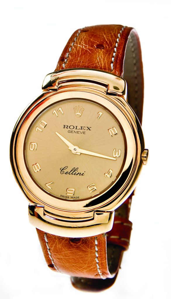 Pre-owned men’s Rolex Cellini in yellow gold with brown leather strap.