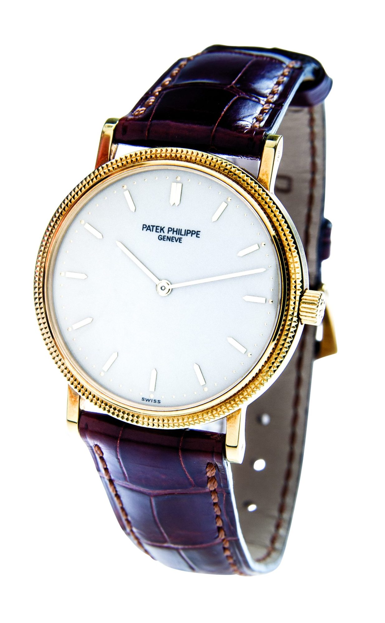 Pre-owned men’s Patek Philippe in yellow gold with dark brown leather strap.