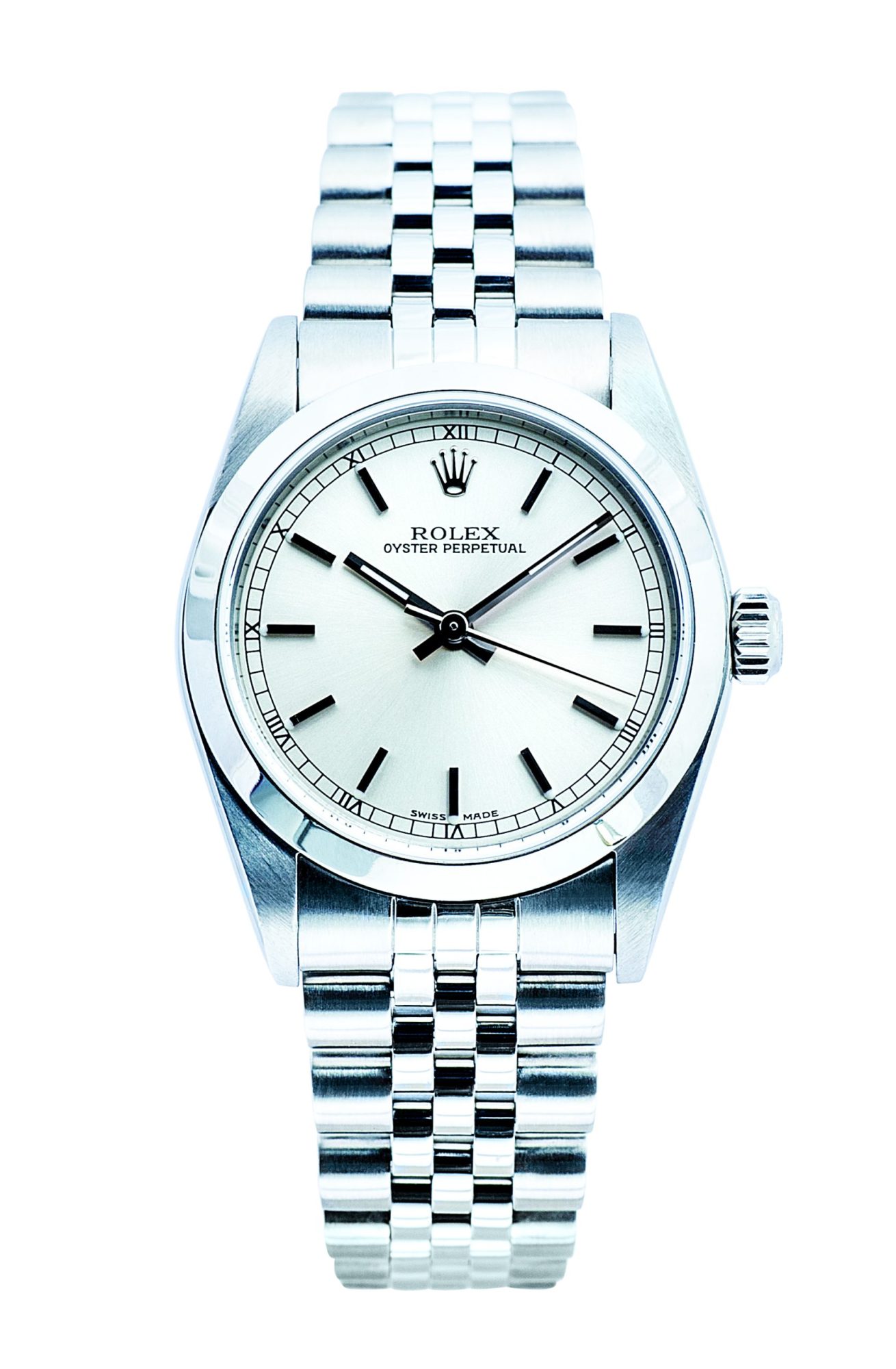 Pre-owned women’s Rolex Oyster Perpetual in stainless steel with a Jubilee bracelet.