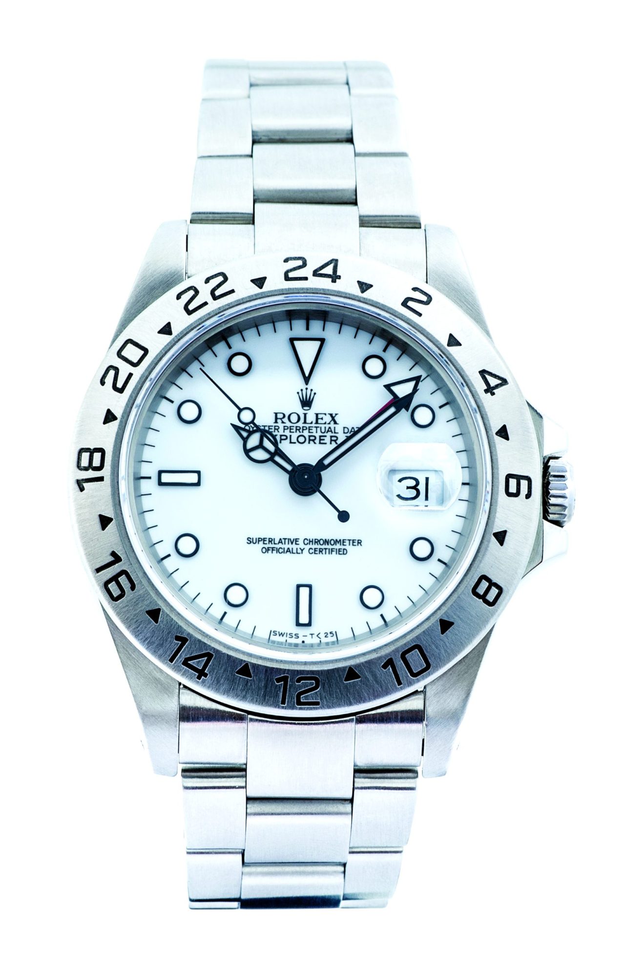 Pre-owned men’s Rolex Explorer II in stainless steel with a white dial.