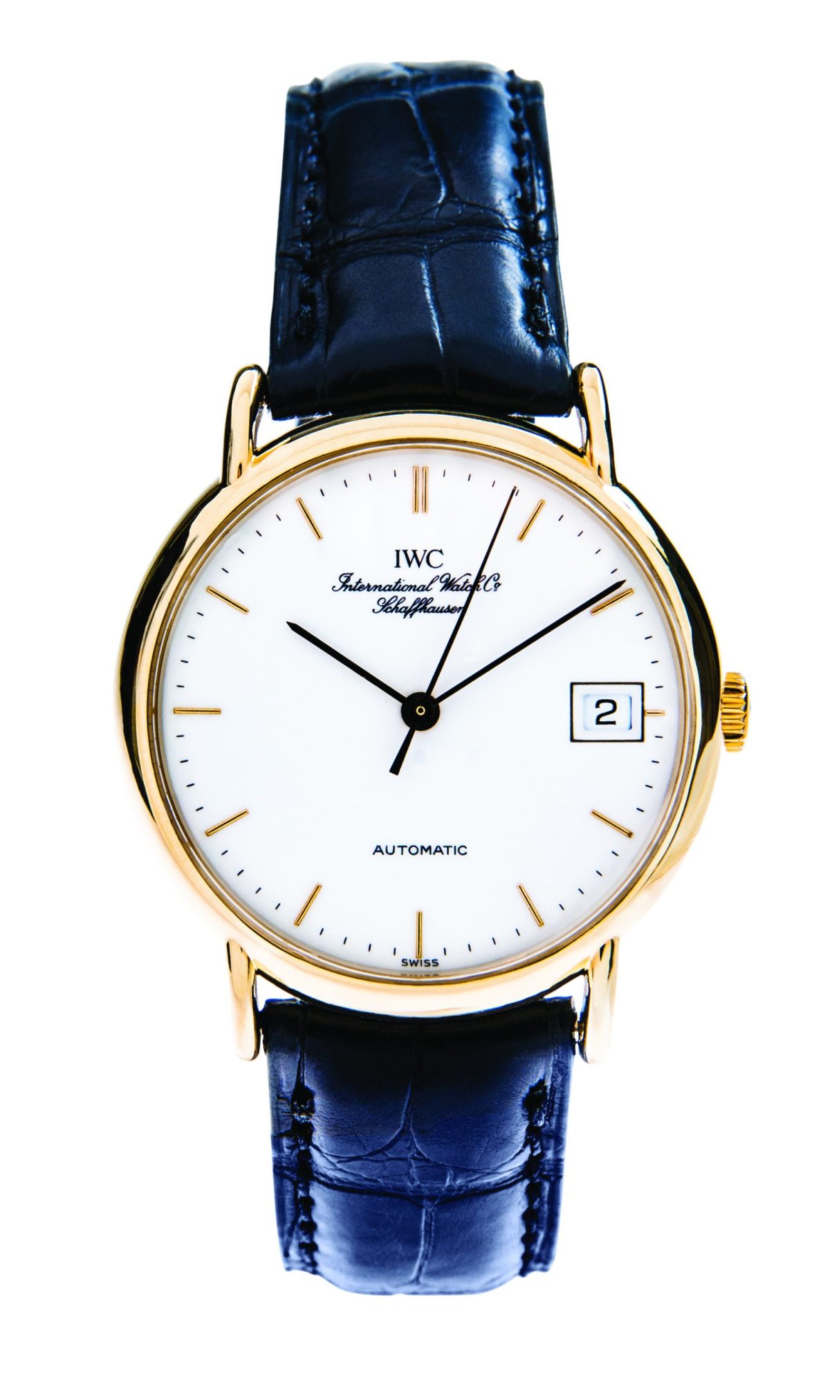 Pre-owned men’s IWC in yellow gold with a navy blue leather strap.