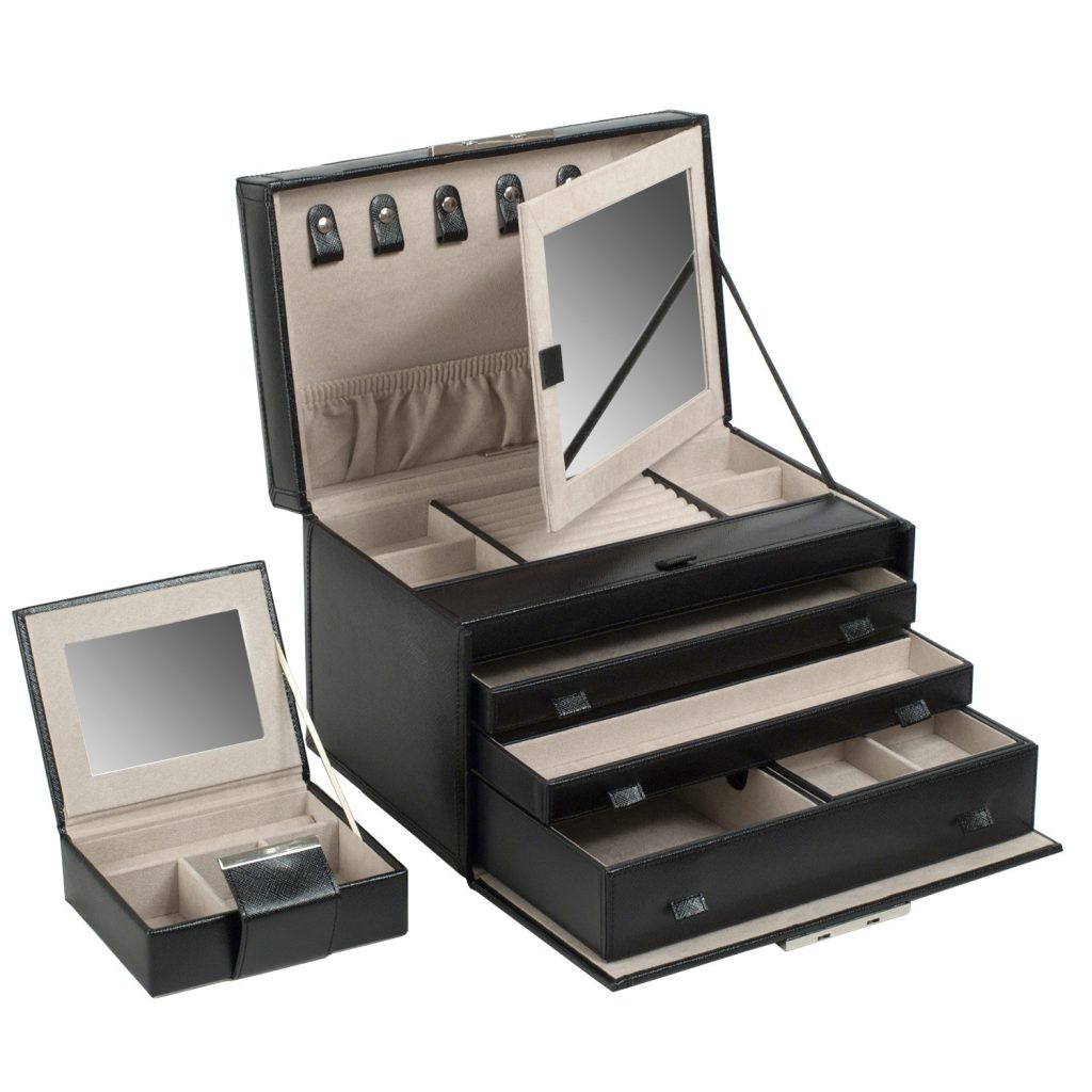 Wolf designs multi-level watch and jewelry storage box with pullout mirror.