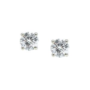 A pair of elegant diamond stud earrings, showcasing brilliant cut diamonds set in a classic four-prong setting.