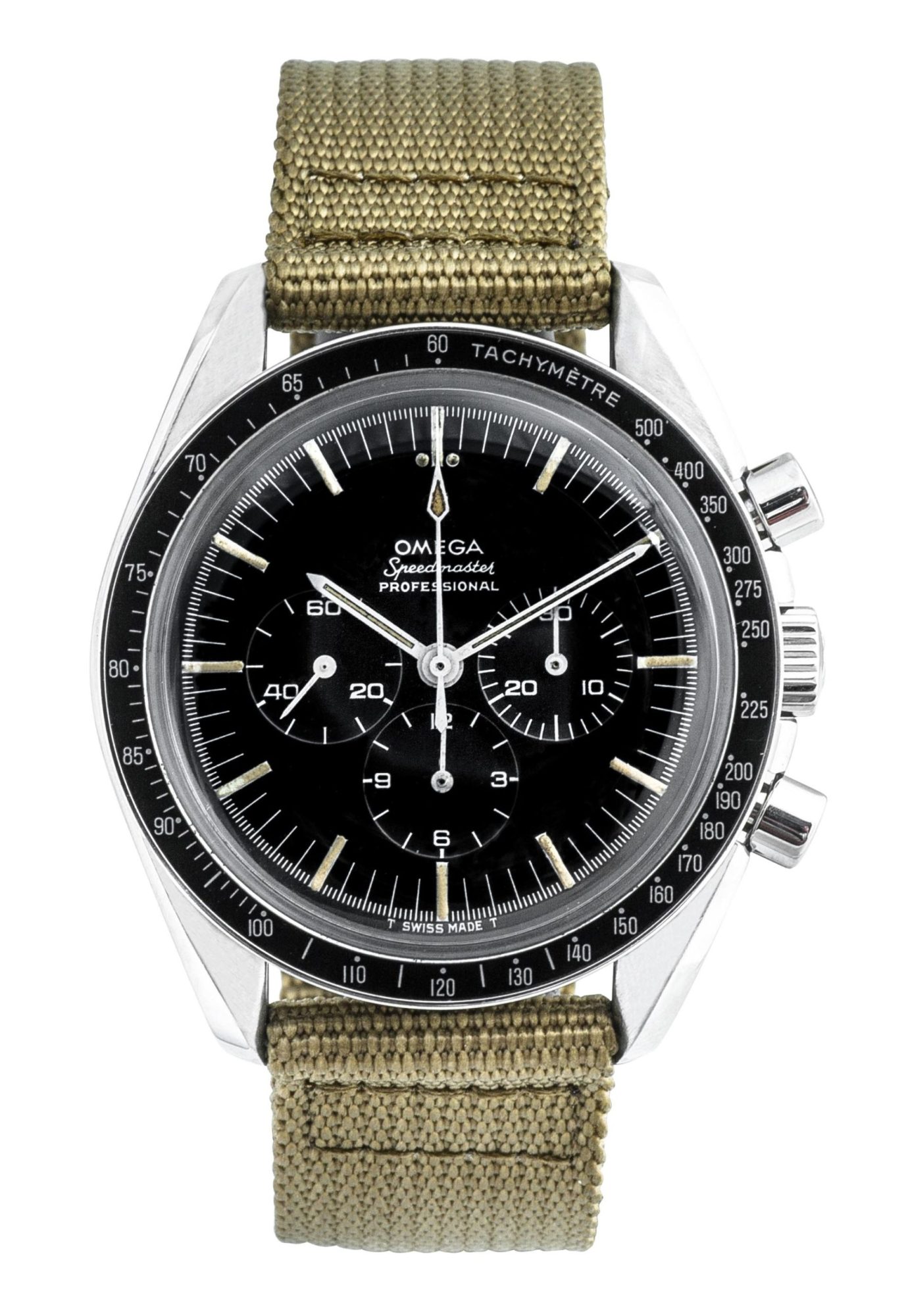 Pre-owned men’s Omega Speedmaster in stainless steel with a black dial and green nato
strap.