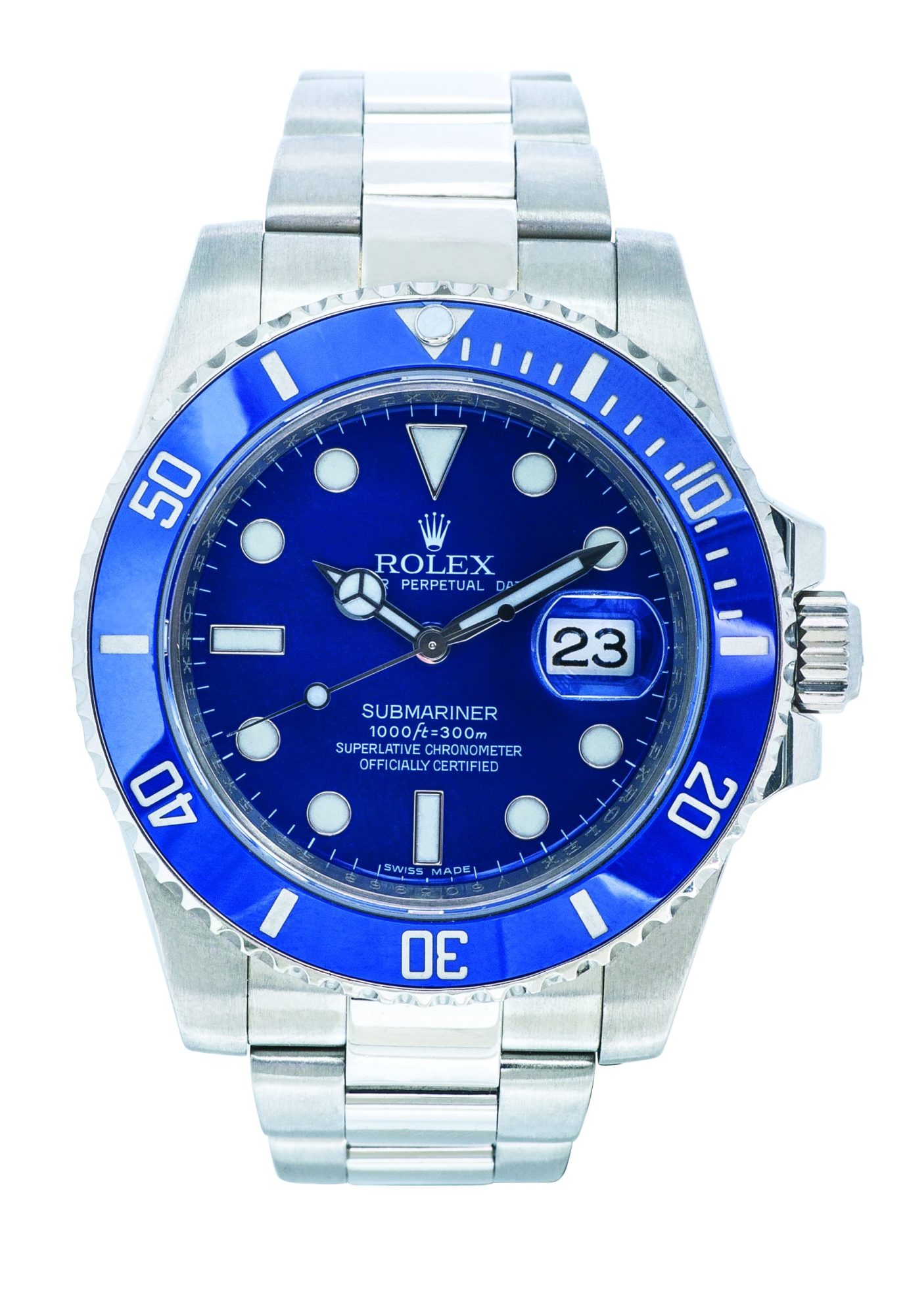 Pre-owned men’s Rolex Submariner in stainless steel with a blue dial and bezel.