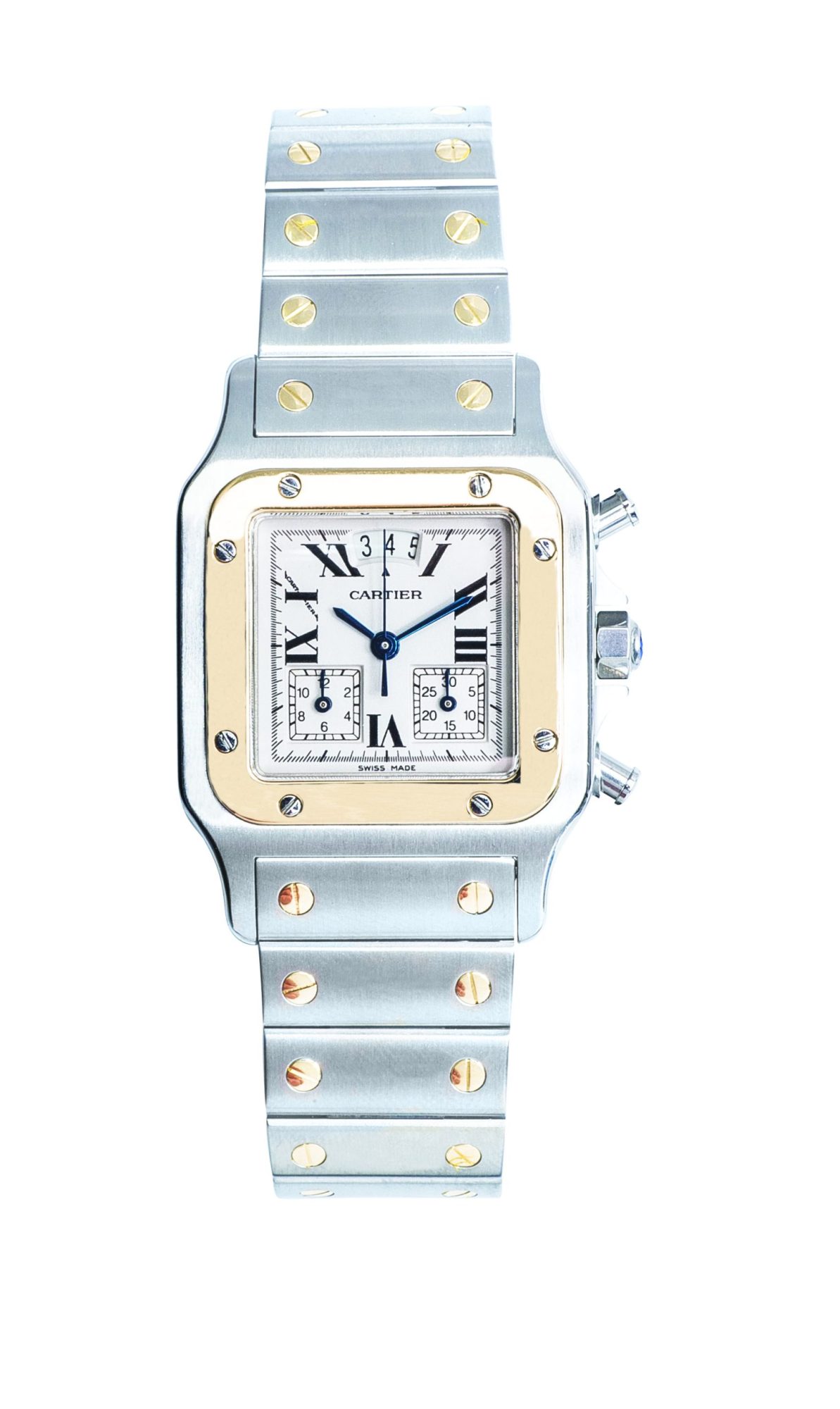 Pre-owned men’s Cartier in yellow gold and stainless steel with roman numeral markers.