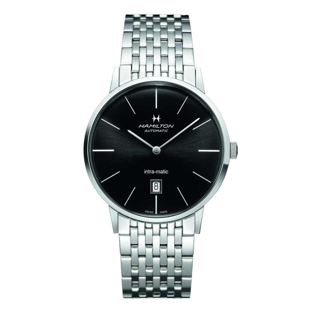 New men’s Hamilton Intra-Matic in stainless steel with a black dial and automaticmovement.