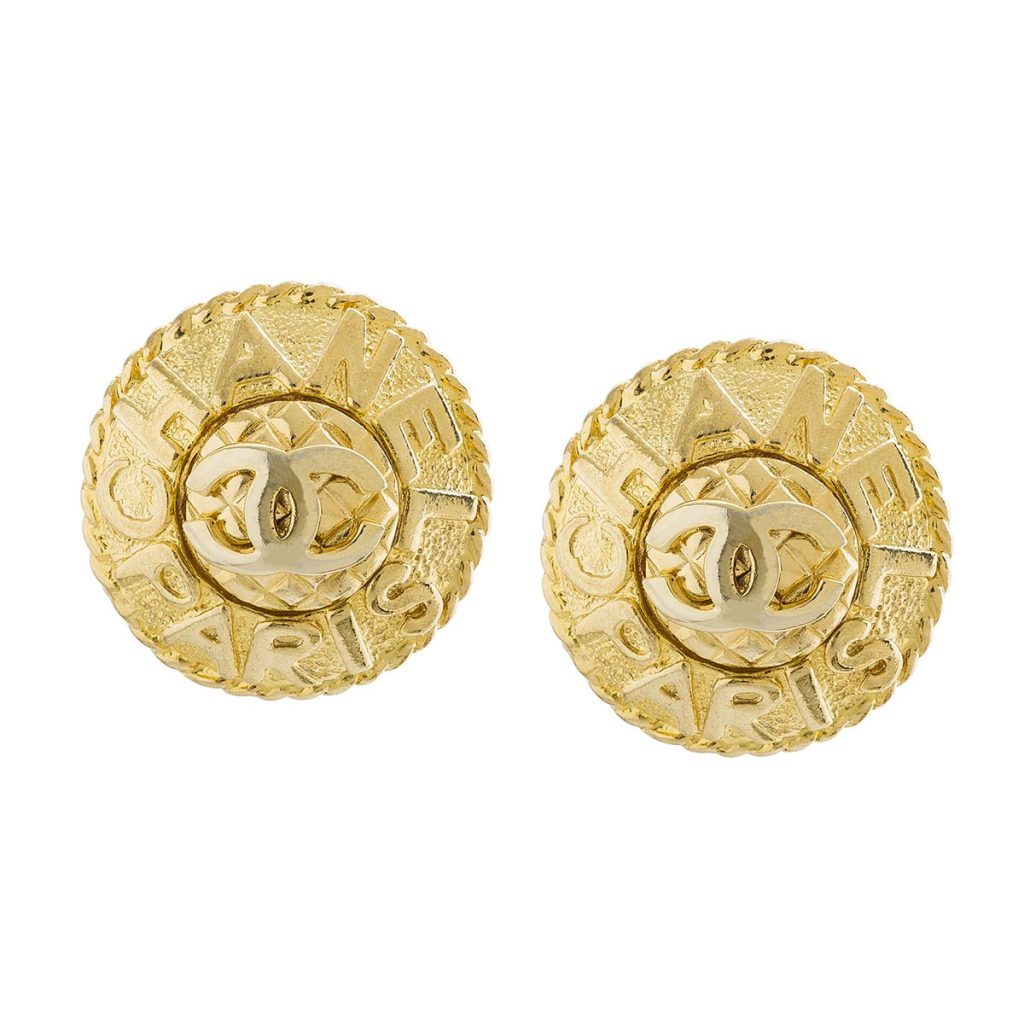 Vintage yellow gold Chanel Paris clip-on disc earrings.