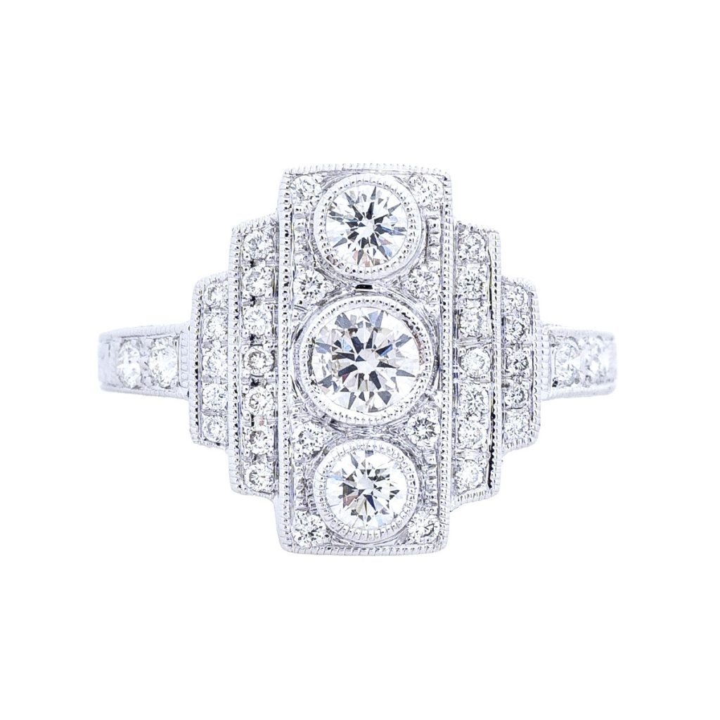 Platinum Art Deco engagement ring set with diamonds.