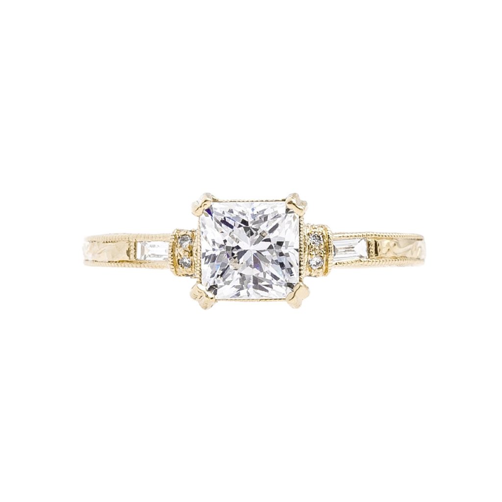 Vintage yellow gold Beverly K diamond semi-mount with cubic zirconia center.