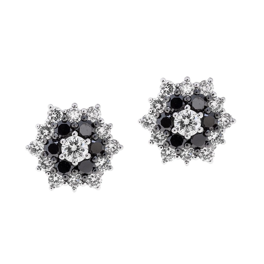 White gold stud earrings centered with white diamonds surrounded by a halo of black
diamonds and a halo of white diamonds.