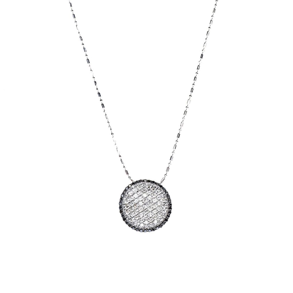 White gold circle pendant set with diamonds.