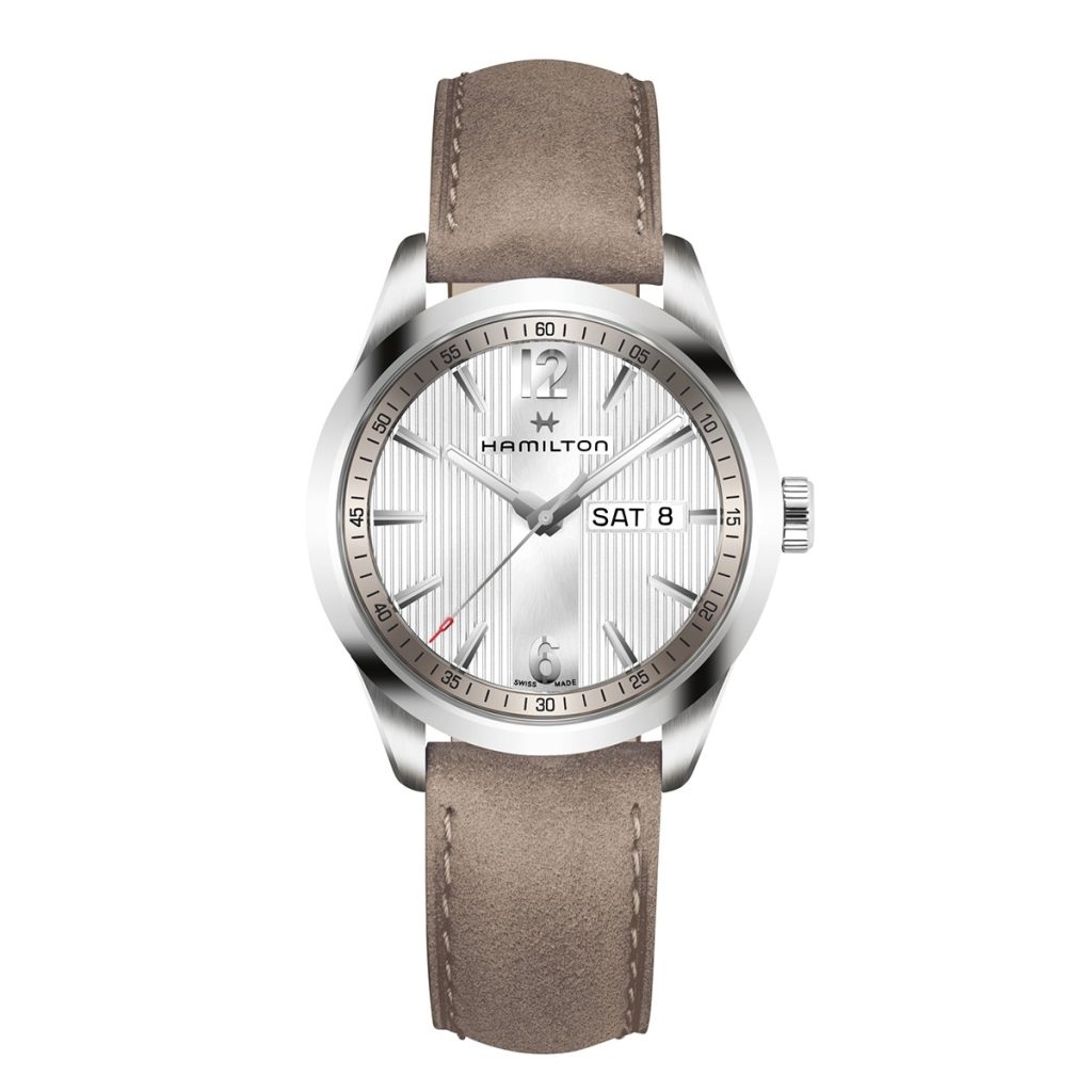 New men’s Hamilton Broadway Day Date in stainless steel with a tan leather strap and
striped dial.