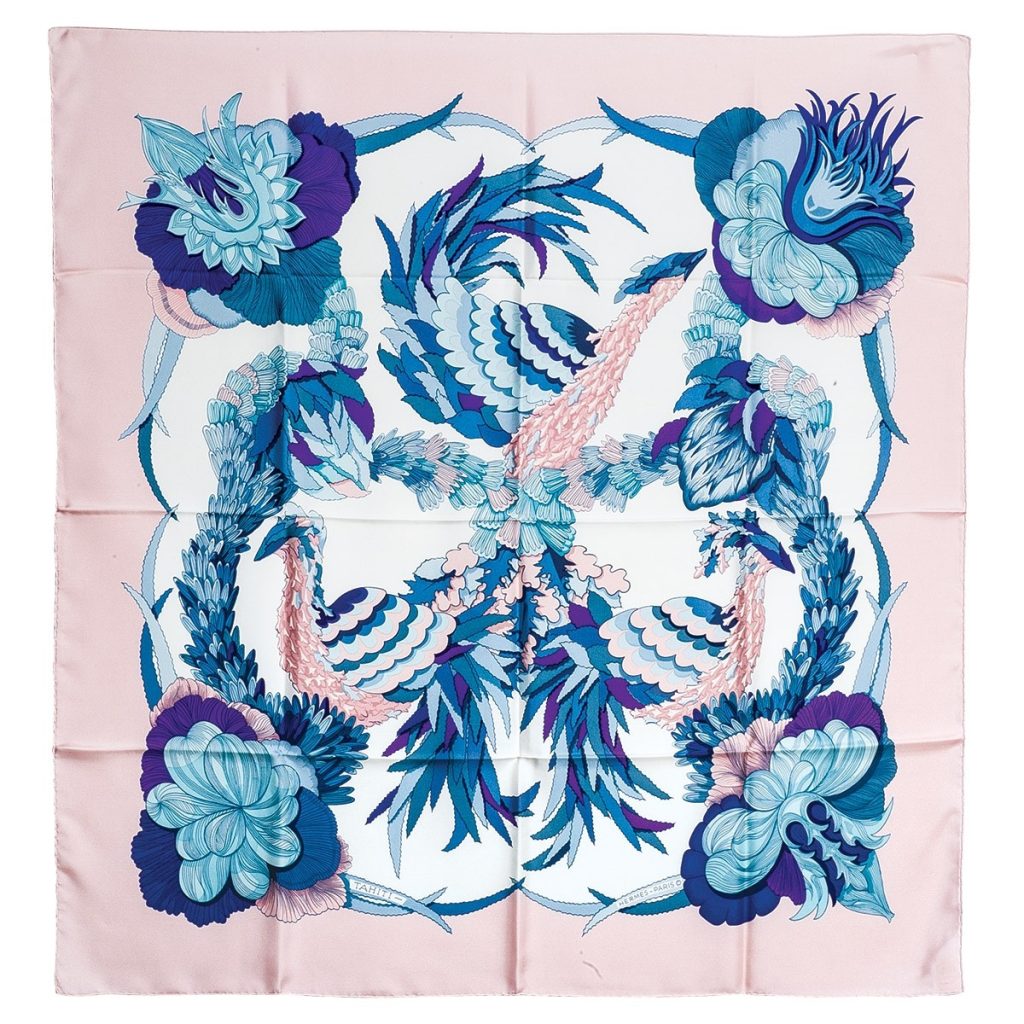 Vintage Hermès scarf in pink with blue peacock and floral center.