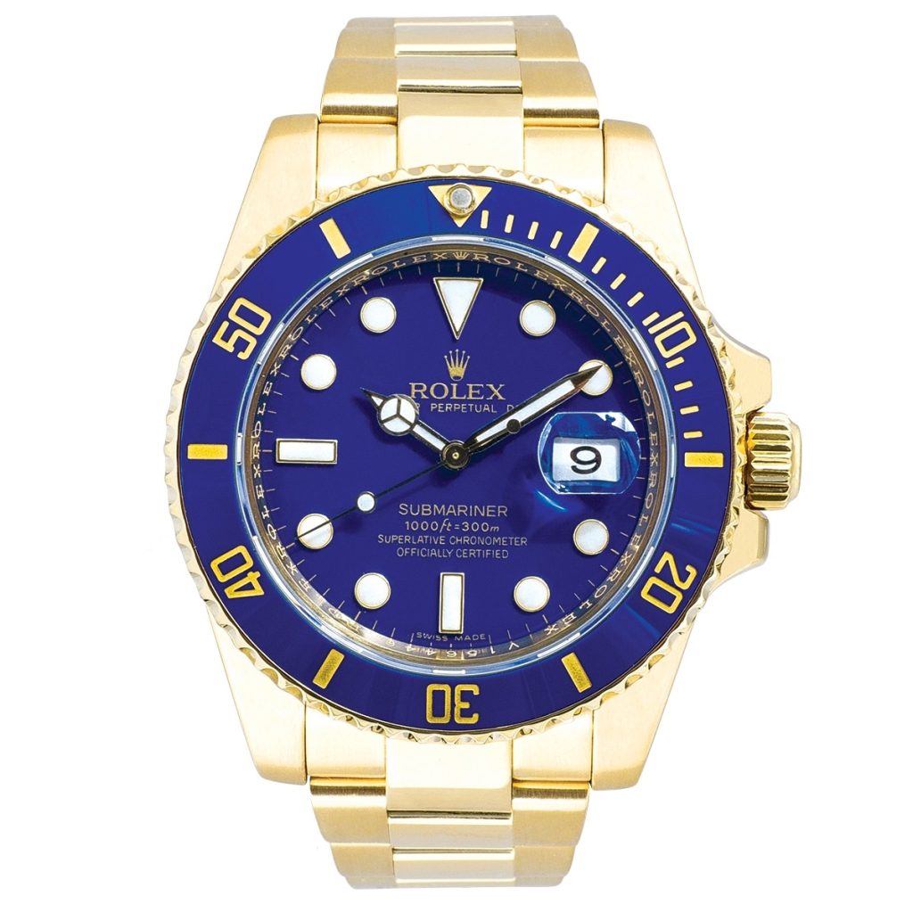 Pre-owned men’s Rolex Submariner in yellow gold with a blue ceramic bezel and dial.