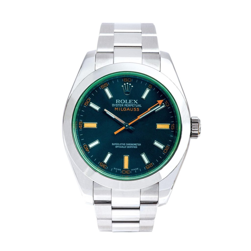 Pre-owned men’s Rolex Milgauss in stainless steel with a black dial and orange markers.