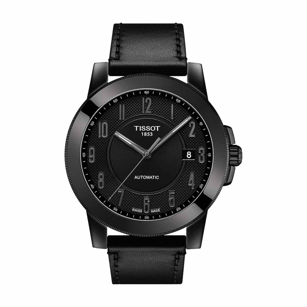 New men’s Tissot in black PVD with a black leather strap.