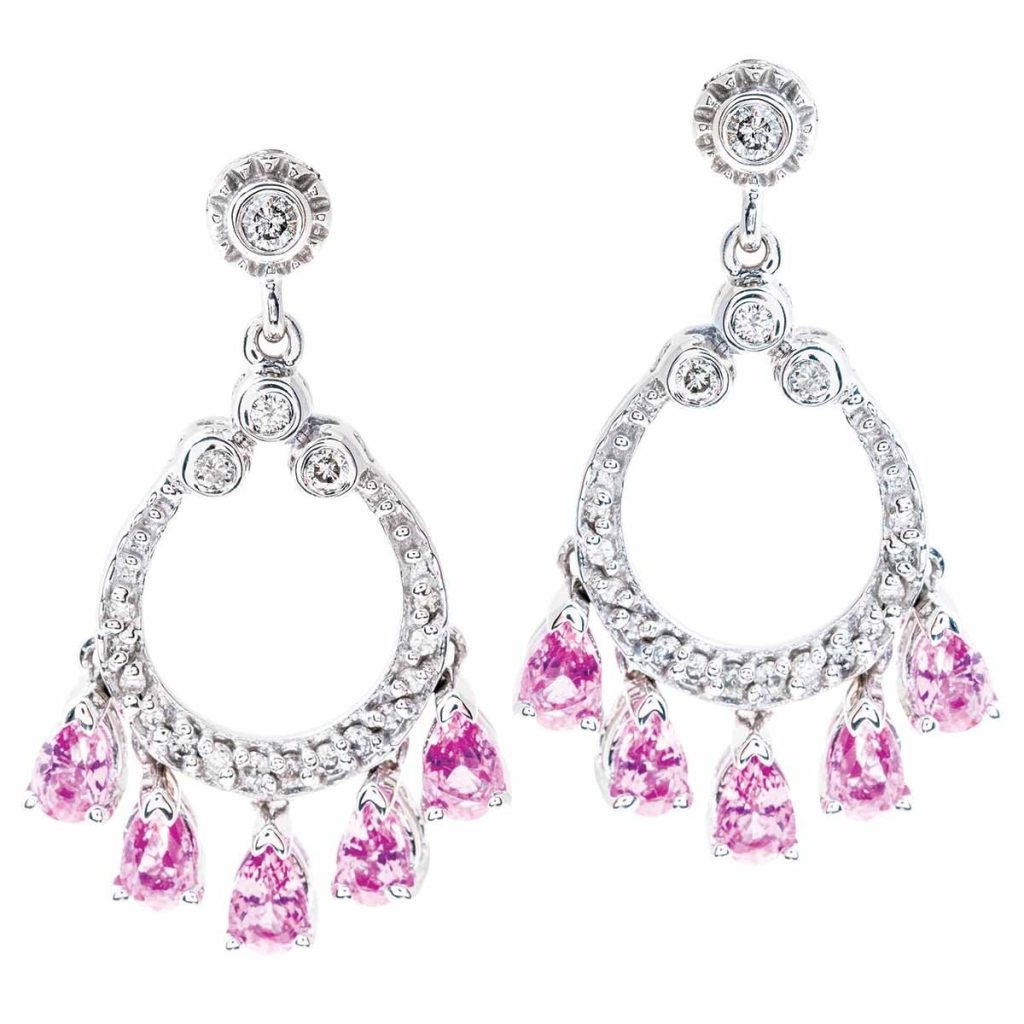 White gold open circle dangle earrings set with pink sapphires and diamonds.