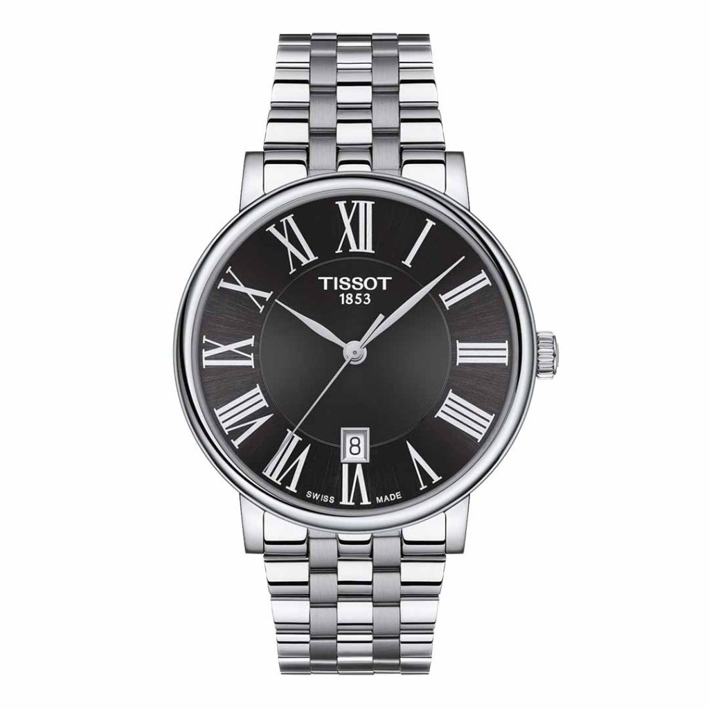 New men’s Tissot Carson Premium in stainless steel with a black roman numeral dial.