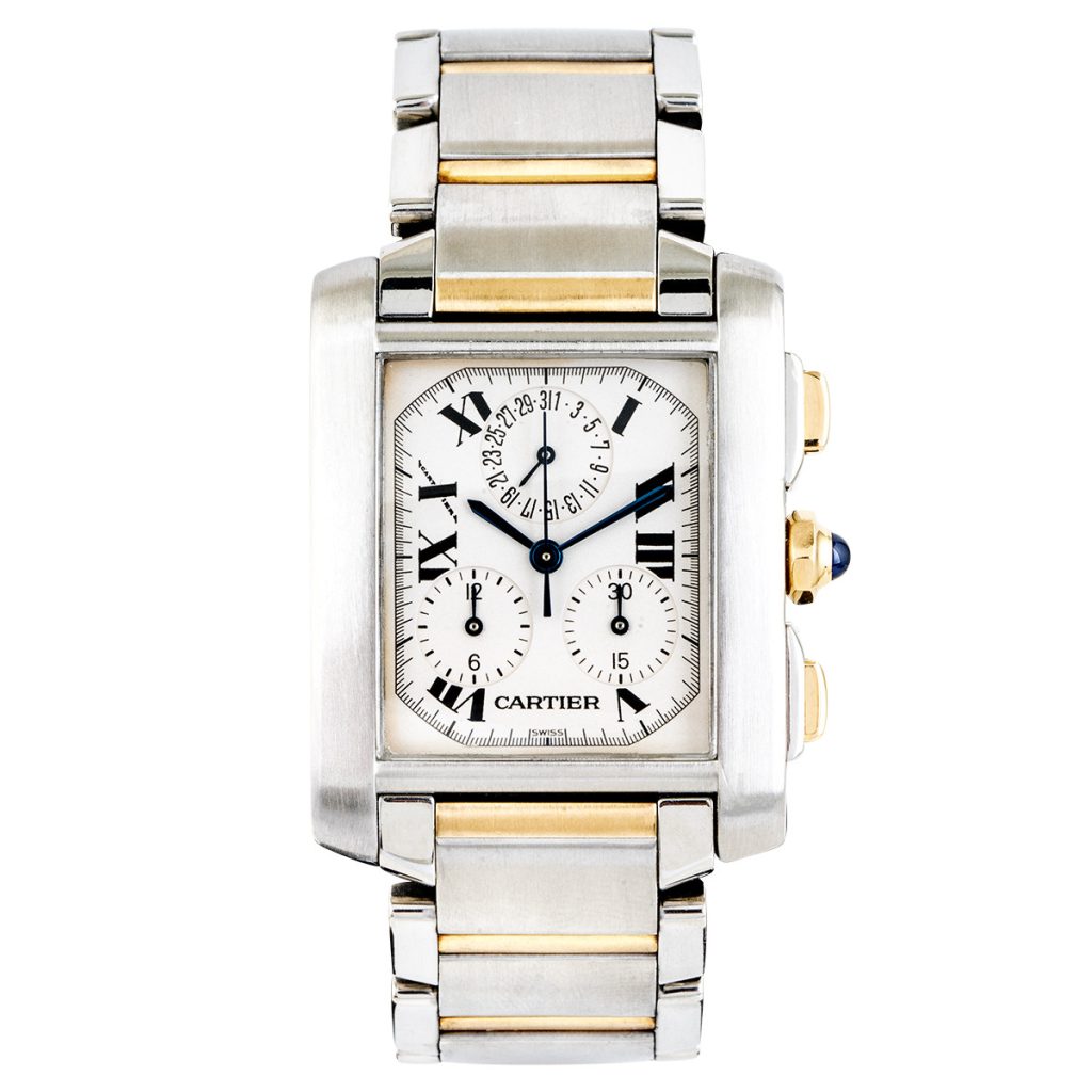 Pre-owned men’s 28mm Cartier Tank Francaise in yellow gold and stainless steel with a
sapphire crystal and quartz movement.