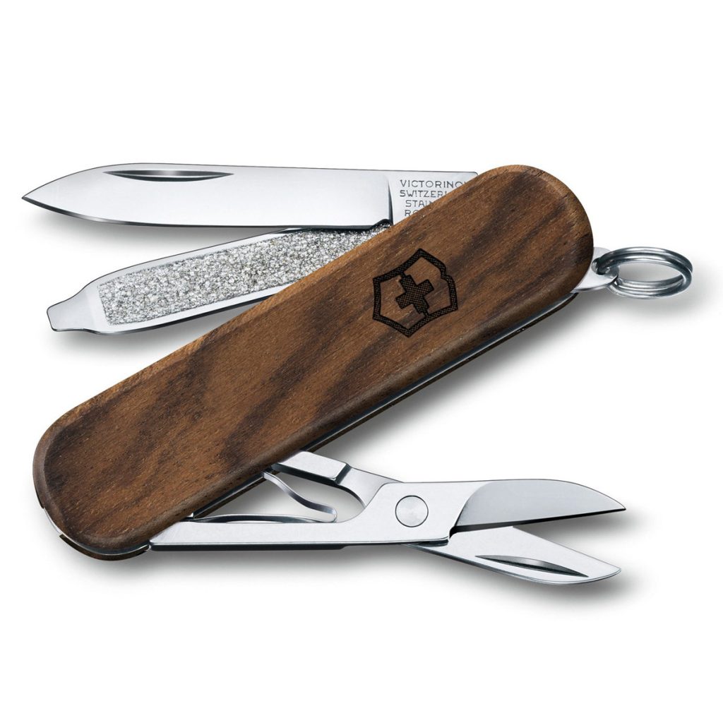 Victorinox Swiss Army Classic pocketknife in walnut with seven functions.