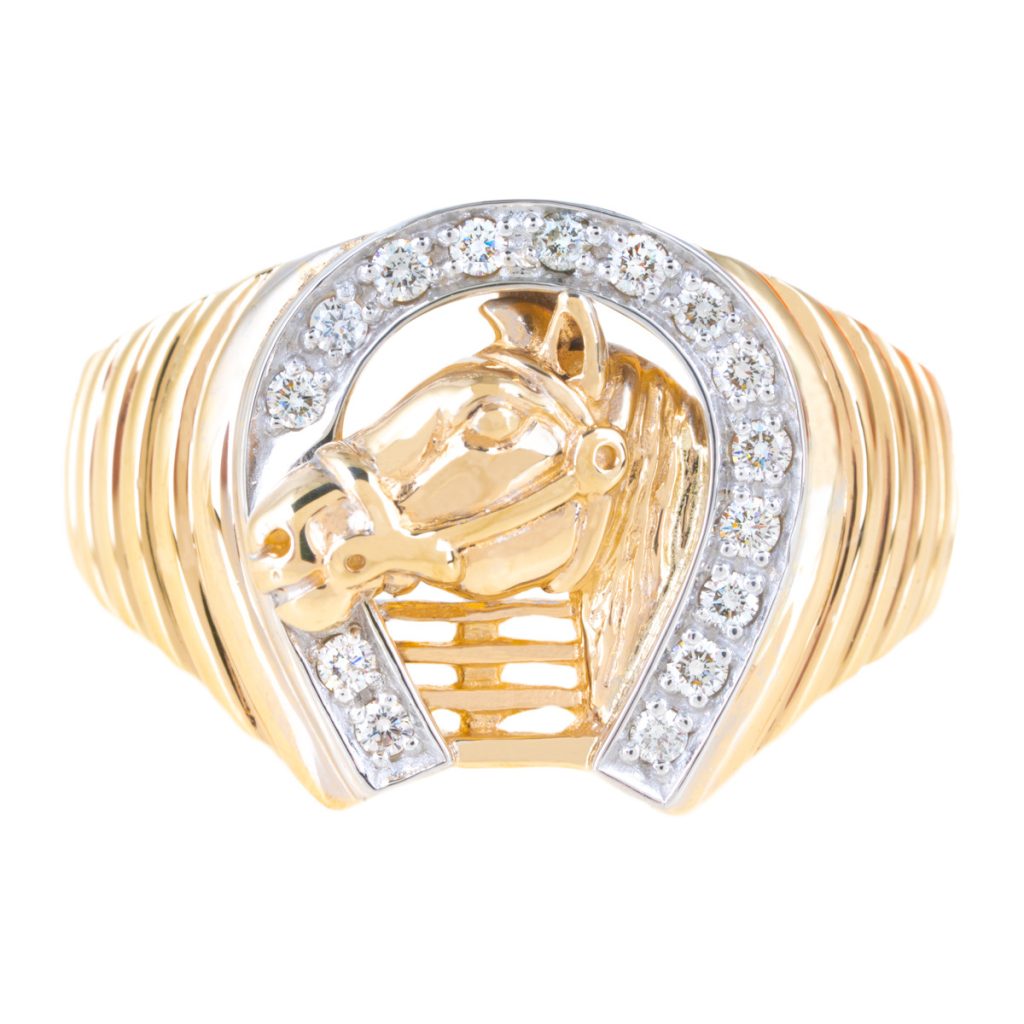 Yellow gold horseshoe grooved ring set with diamonds.