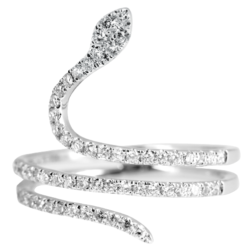 White gold snake ring set with diamonds.