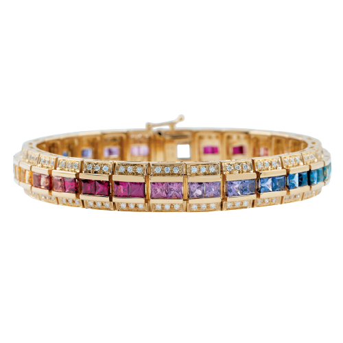 Yellow gold bangle bracelet set with rainbow sapphires and diamonds.