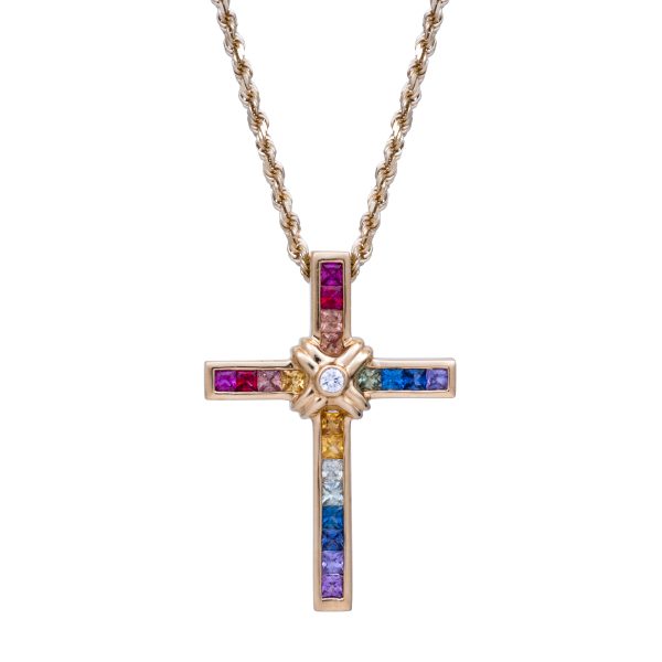 New Judy Mayfield 1.10 Carats Rainbow Sapphire & Diamond Cross