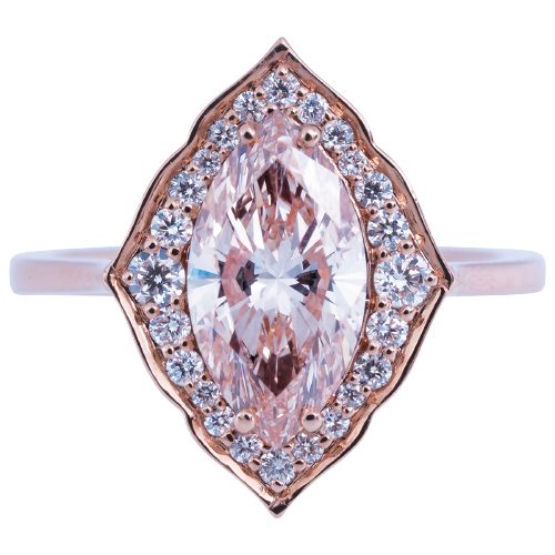 Rose gold engagement ring centered with a pink lab-grown diamond and white diamond halo.