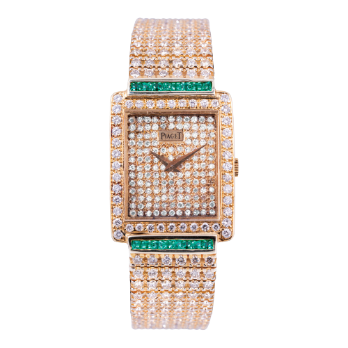 Pre-owned women's Piaget Classique in yellow gold with diamond dial, bezel, and bracelet.