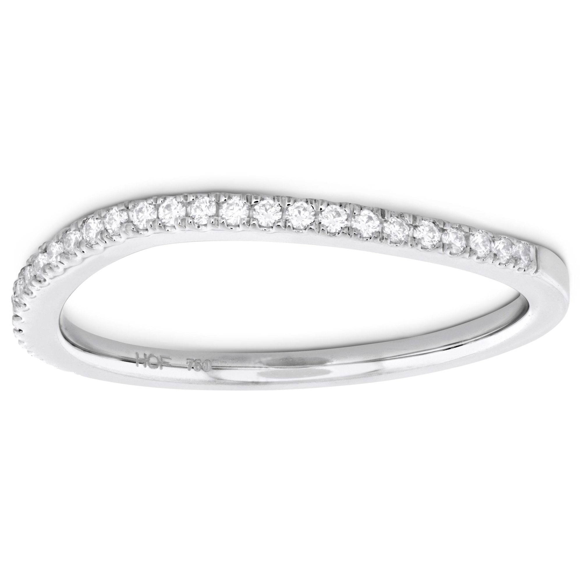 White gold curved wedding ring with channel set diamonds in the band.