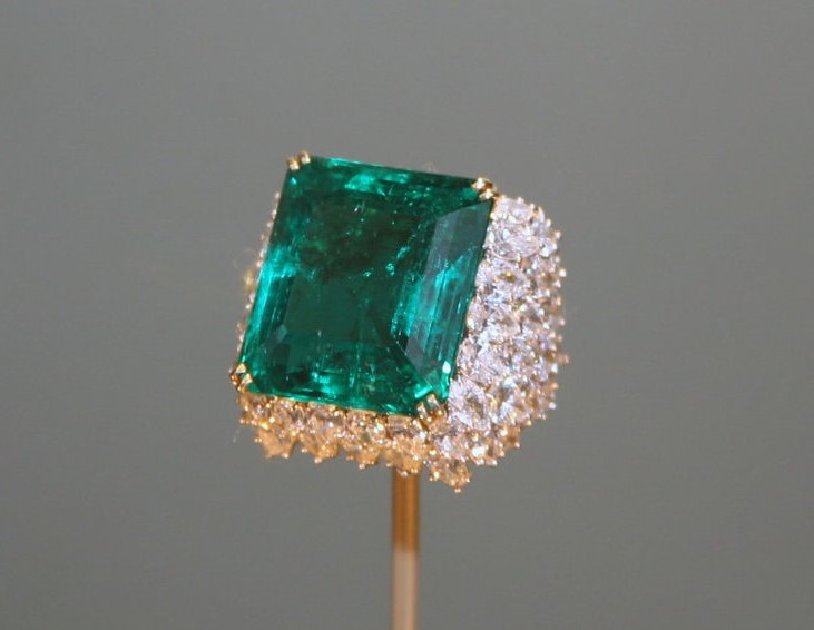 The Chalk Emerald set into a platinum and gold ring, this link will open in a new window.