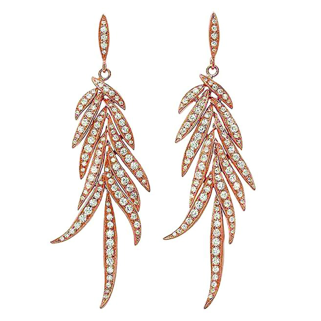 Vintage rose gold Beverly K falling vine drop earrings set with diamonds.