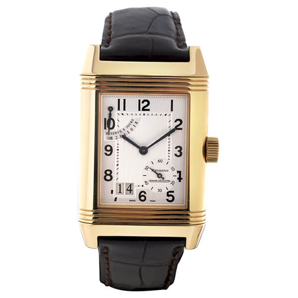 Pre-owned men’s Jaeger LeCoultre Reverso Grande Date in yellow gold with a dark
brown leather strap.