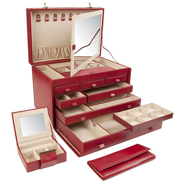 Wolf designer red leather five-level jewelry storage box with pull-out mirror.