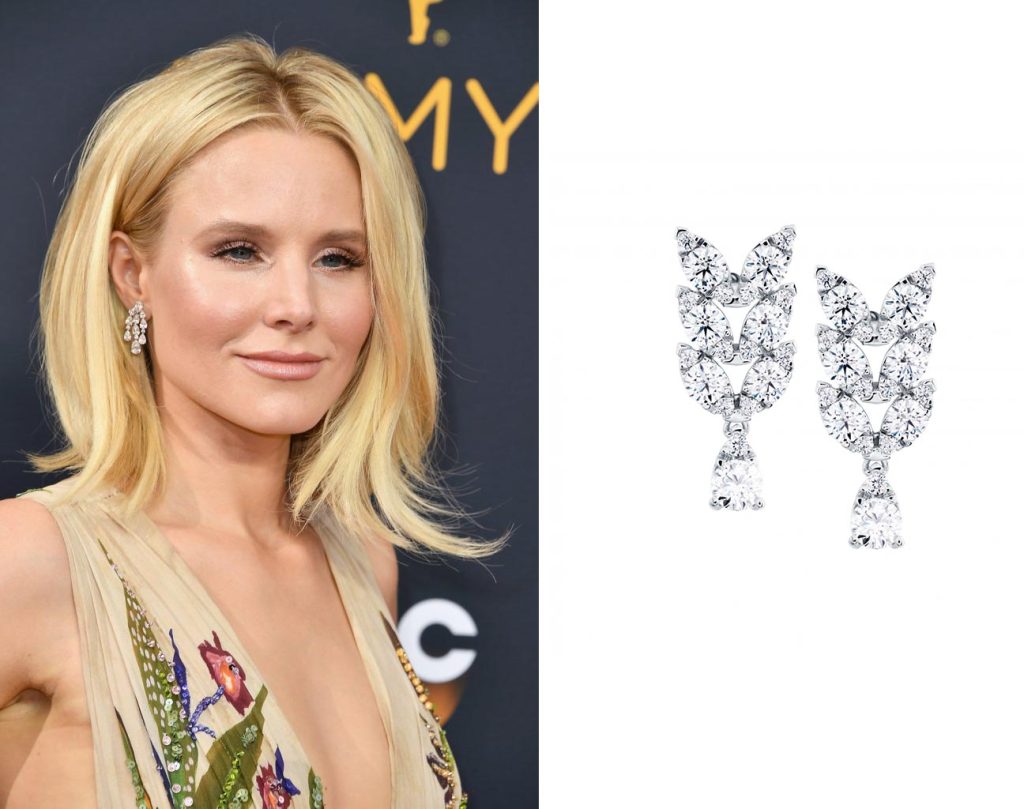 Celebrity wearing white gold diamond dangle earrings at the 2016 Emmy Awards redcarpet.