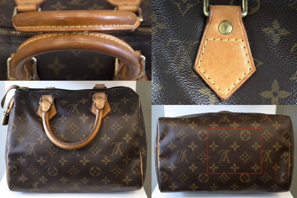 Four close-up images of a vintage Louis Vuitton duffel bag.