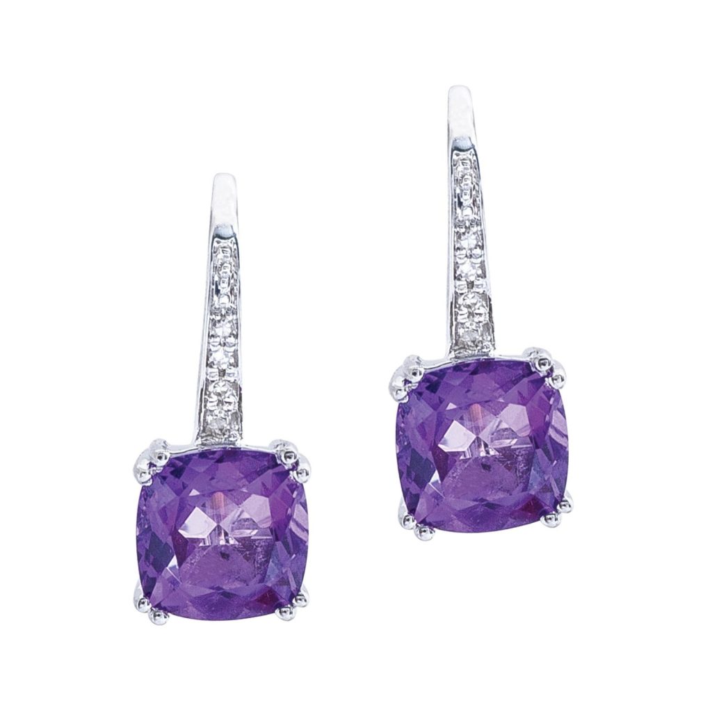 White gold Madison L drop earrings set with amethyst and diamonds.