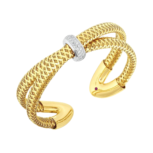 Yellow & white gold Roberto Coin Primavera coil cuff bracelet set with diamonds.