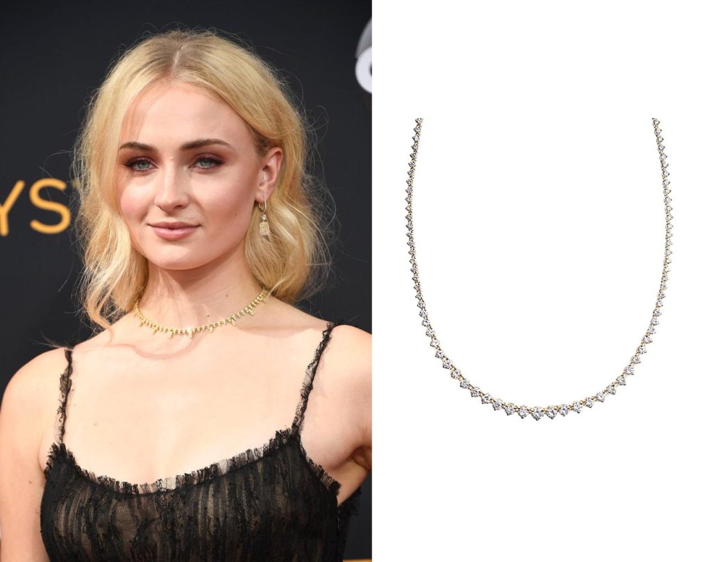 Celebrity wearing yellow gold diamond tennis necklace at the 2016 Emmy Awards redcarpet.