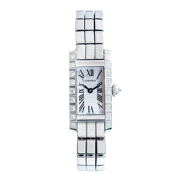 Pre-owned Cartier watch in stainless steel with a diamond case and rectangle roman
numeral dial.