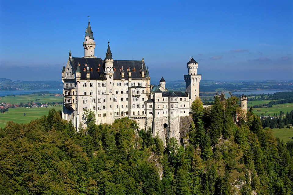 Aerial view of the Neuschwanstein Castle in Bavaria, Germany.